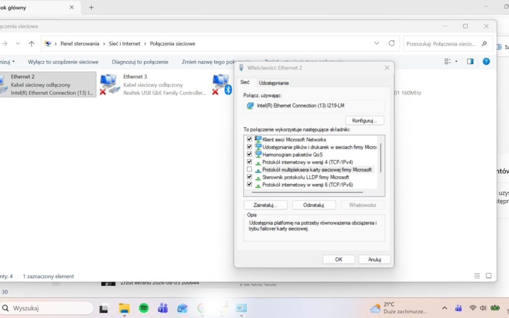 Protokół multipleksera karty sieciowej Microsoft ustawienia