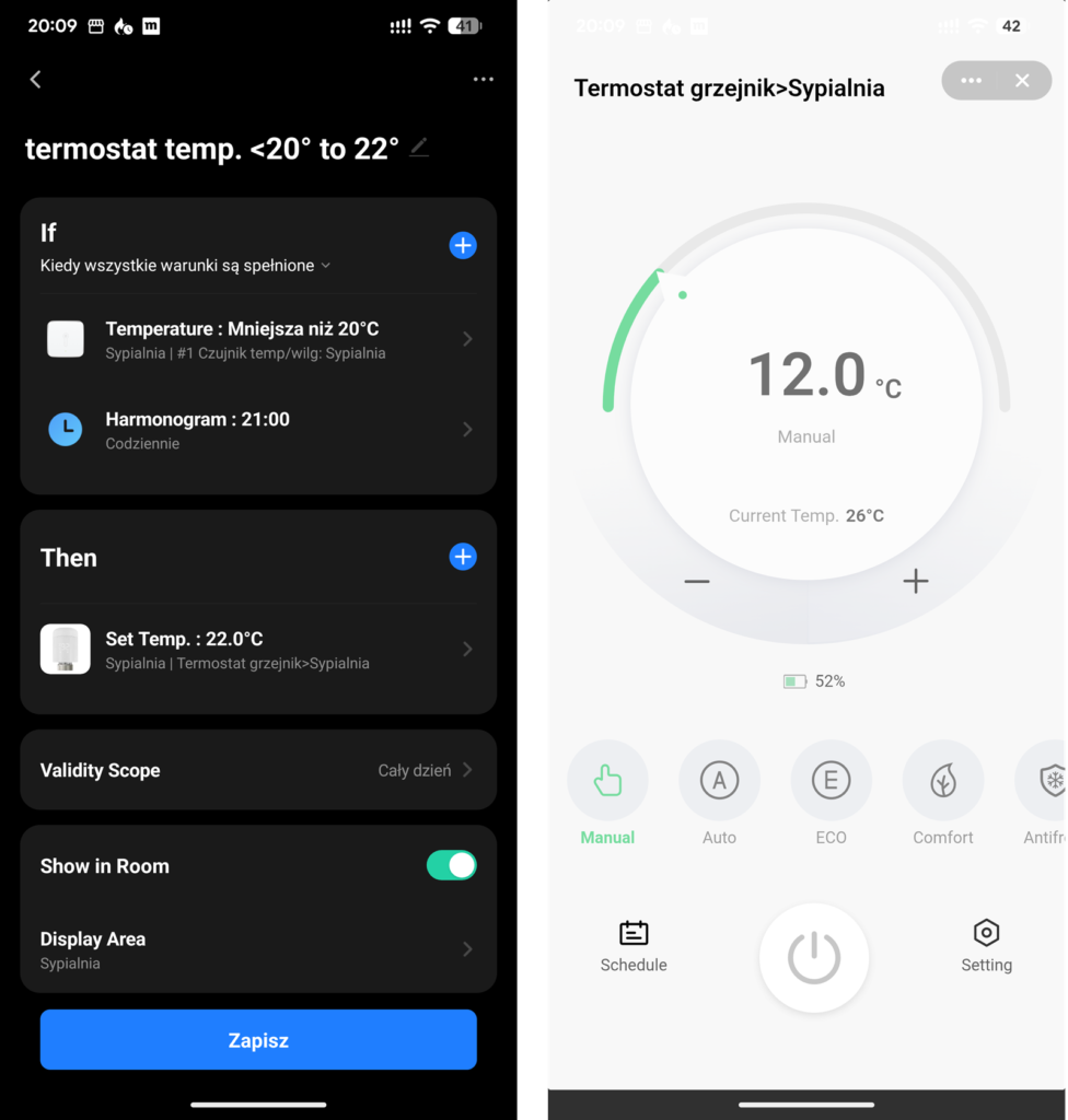 ekran aplikacji smartlife i ustawienie termostatu zigbee tuya