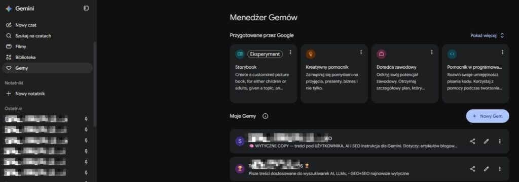 mój widok na Gemini i przygotowane GEMy
